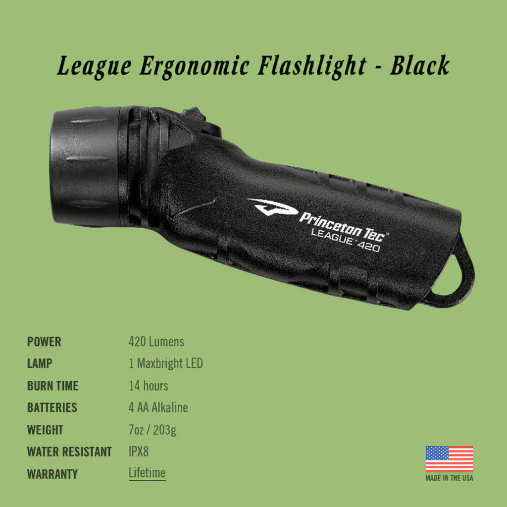 Black ergonomic flashlight with Princeton Tec branding on a white background