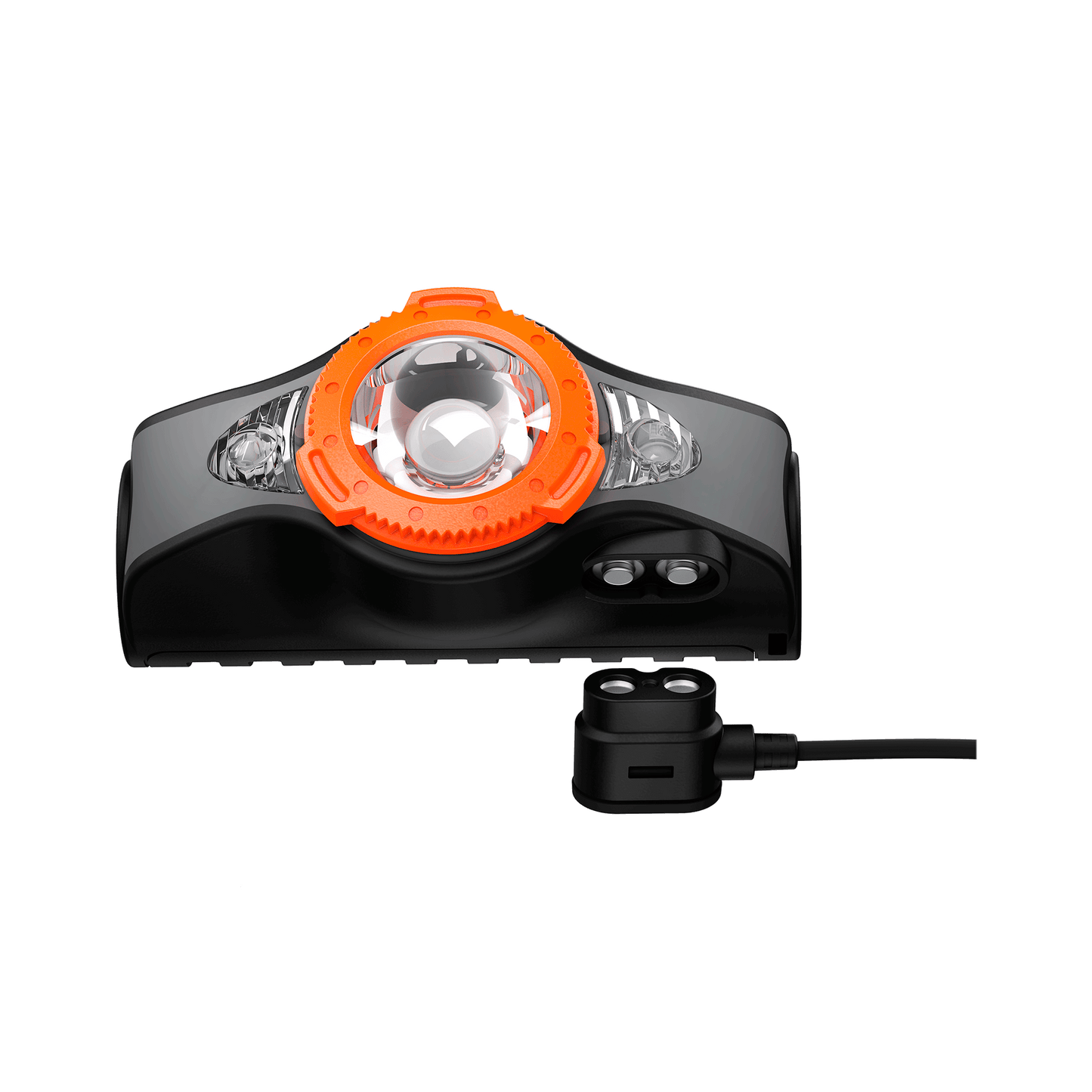 Headlamp with orange lens and black casing on a white background