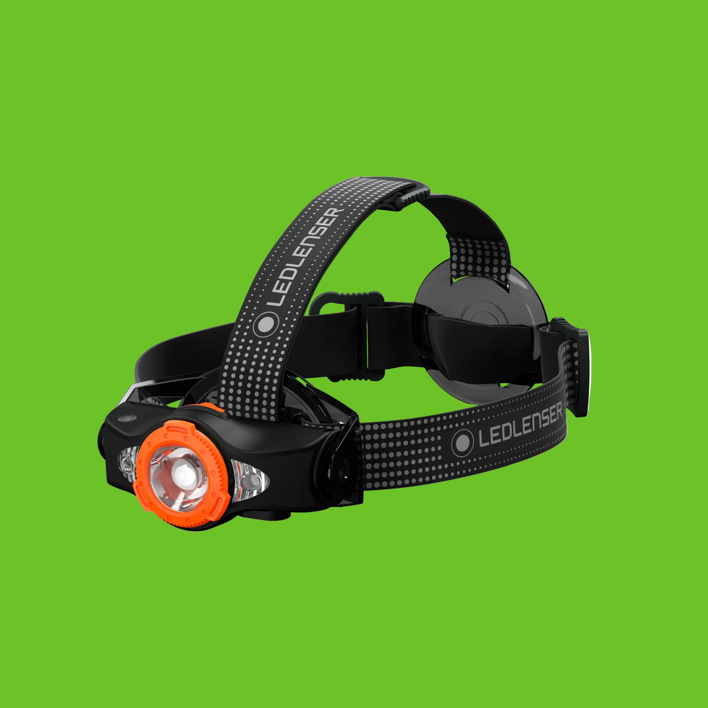 Black LEDLENSER headlamp with orange accent on a white background