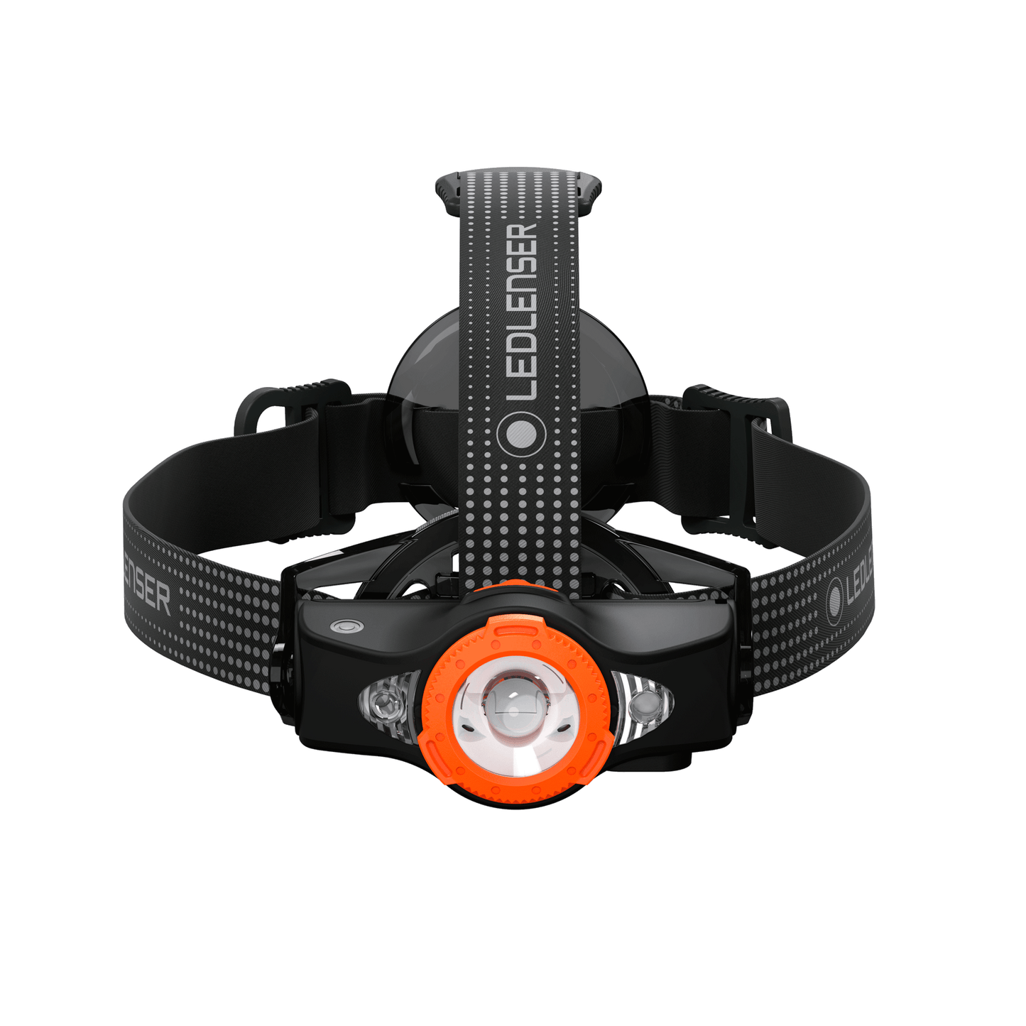 Black LEDLENSER headlamp with orange accent on a white background