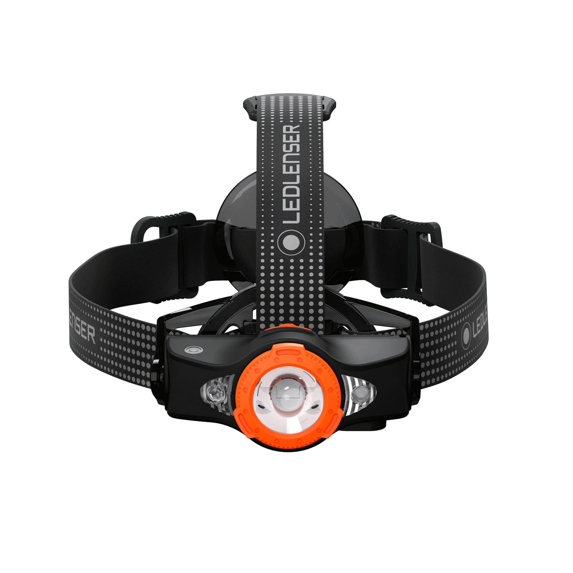 Black LEDLENSER headlamp with orange accent on a white background