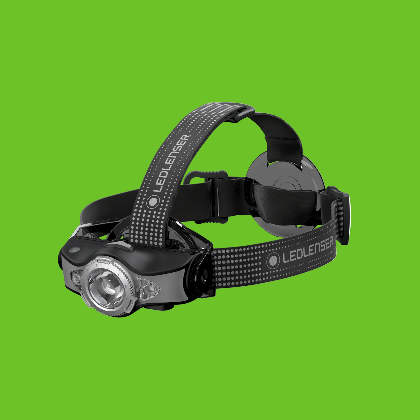 Black LED Lenser headlamp on a white background