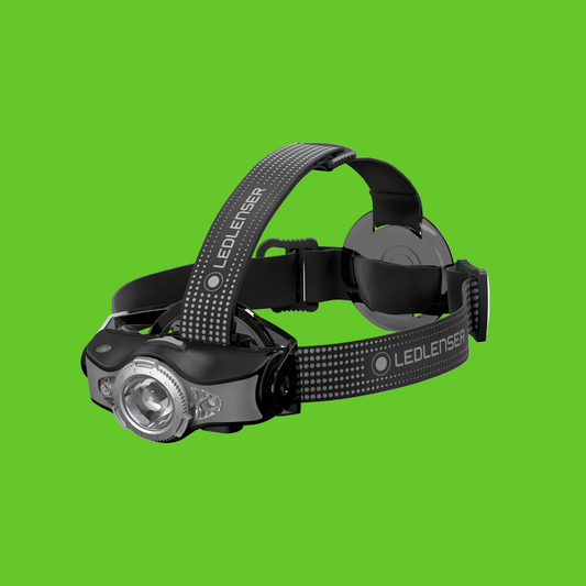 Black LED Lenser headlamp on a white background