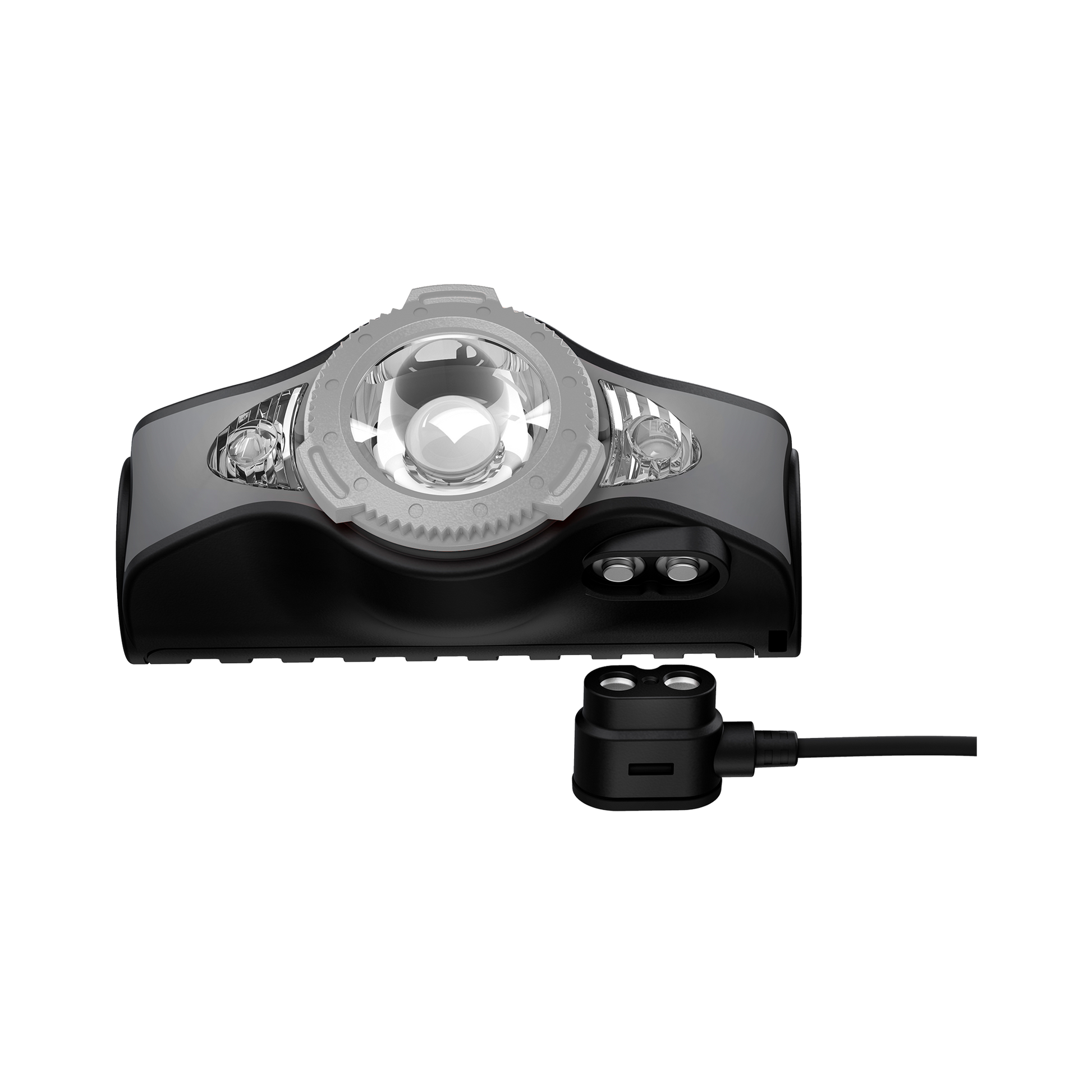 Headlamp with USB cable on a white background
