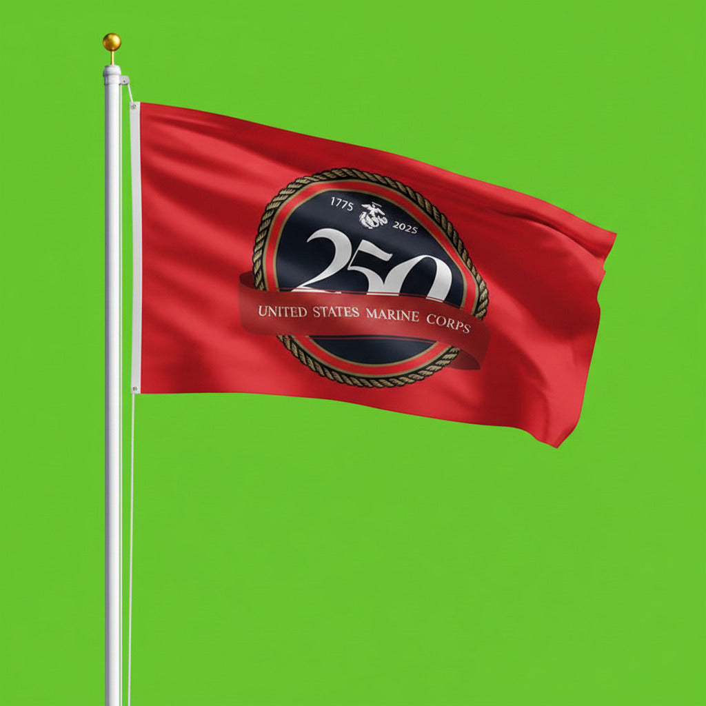 Red flag with United States Marine Corps logo and text on a white background