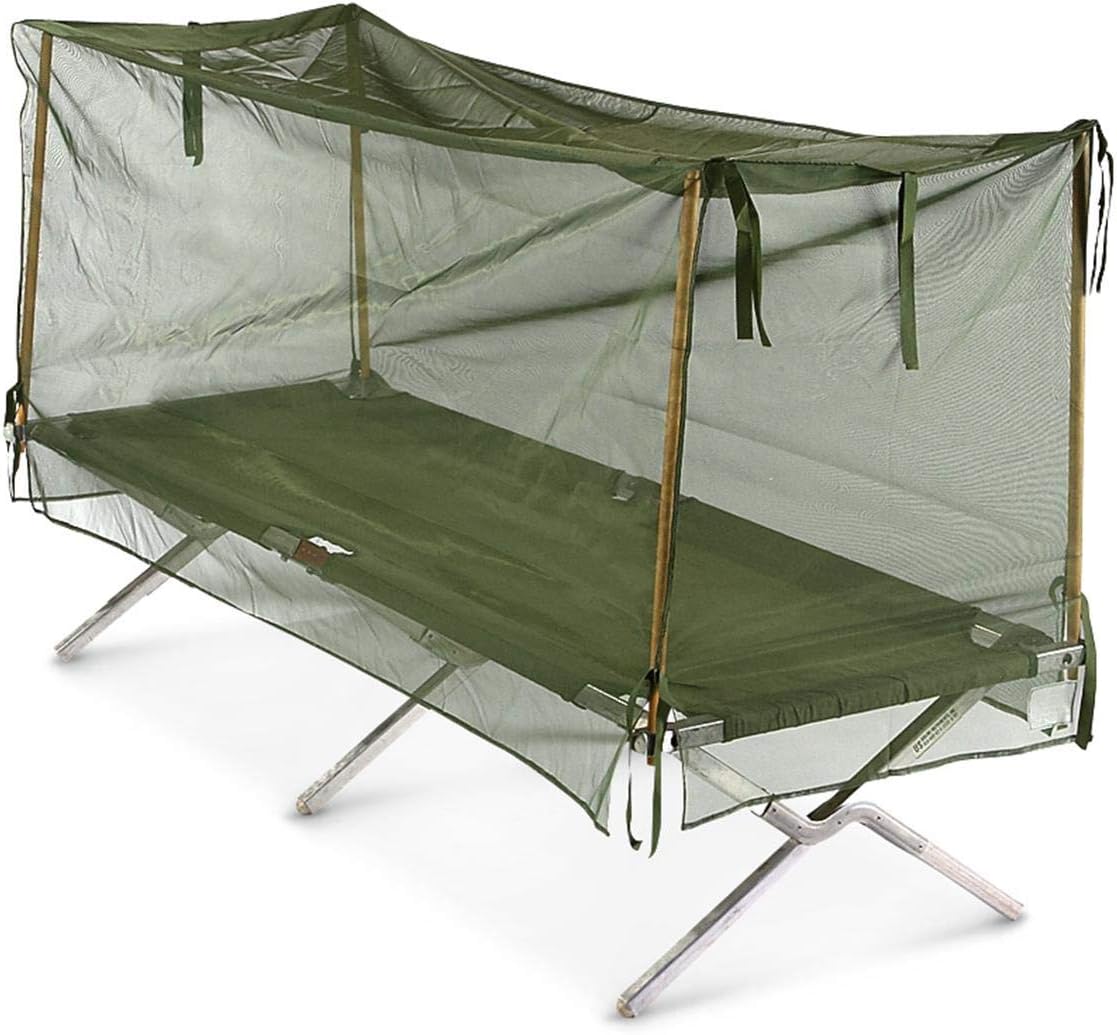 Designed to cover a standard military cot measuring 6.33x2.25x2.8'h
Tie loops to attach to poles
6 hanging loops
Includes 4 poles... all you need to supply is the cot (COT NOT INCL.)

Country of Origin: USA