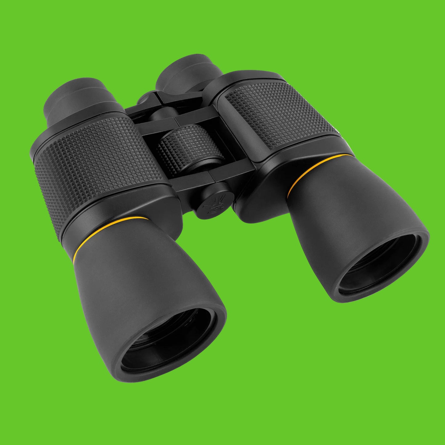 Black binoculars with yellow accents on a white background