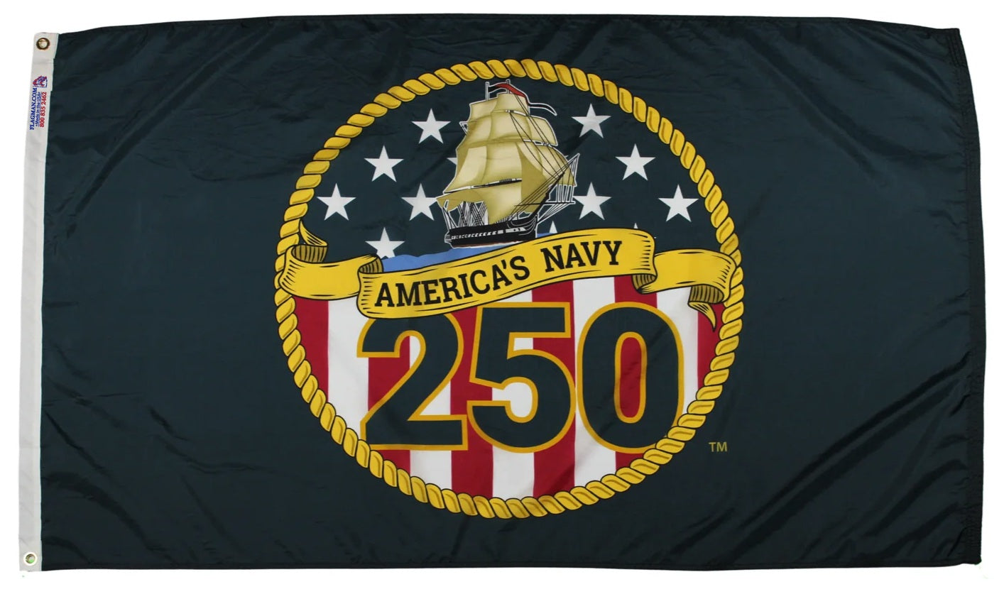 Navy flag celebrating 250 years of America's Navy with a ship emblem on a dark blue background.