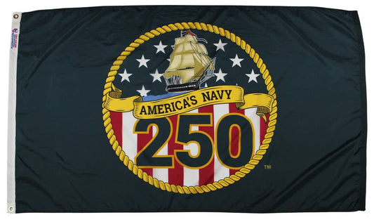 Navy flag celebrating 250 years of America's Navy with a ship emblem on a dark blue background.