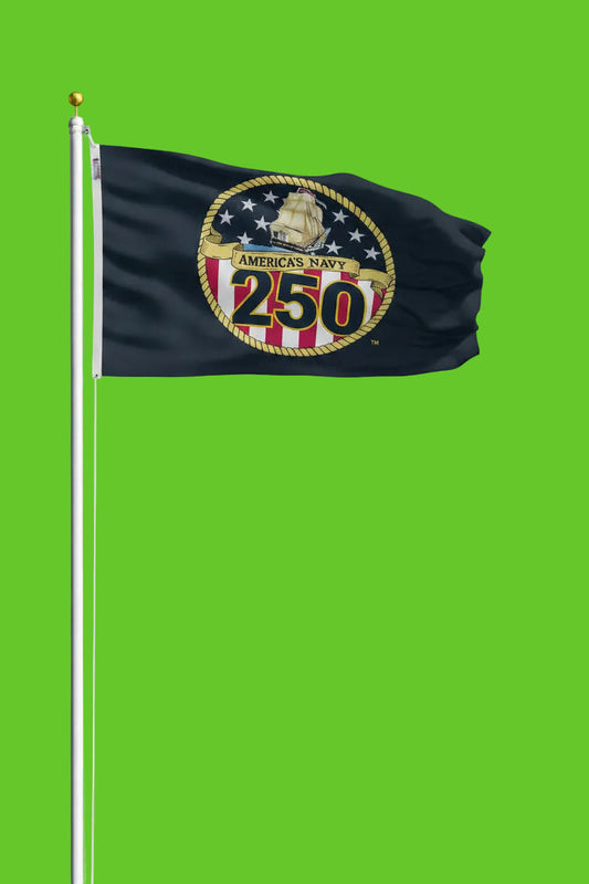 Navy flag commemorating America's Navy 250th anniversary with a ship emblem on a white background.