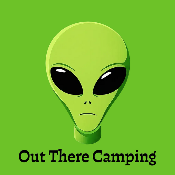 A green alien head illustration centered on a lime green background, with the text 'Out There Camping' in black at the bottom.