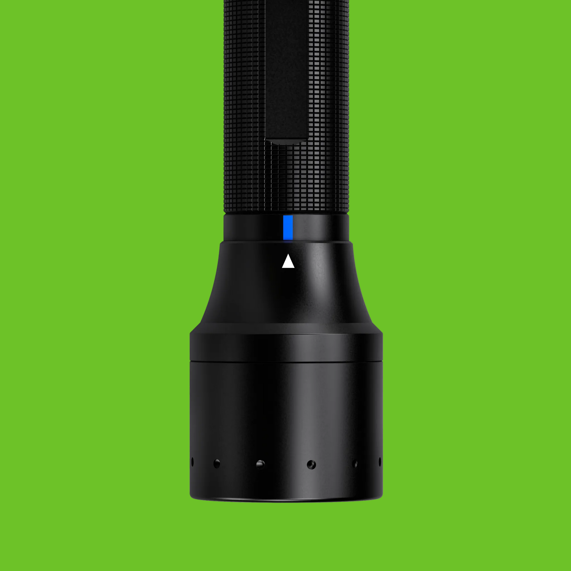 Black cylindrical device with a blue light on a white background