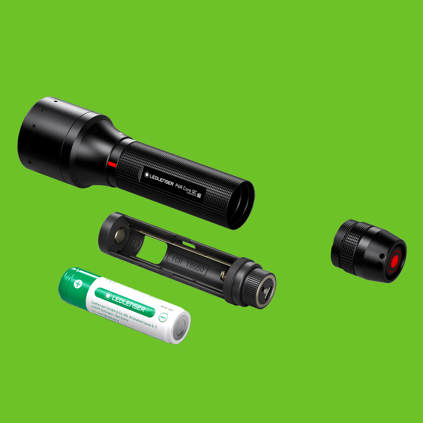 Black flashlight with battery and lens on a transparent background