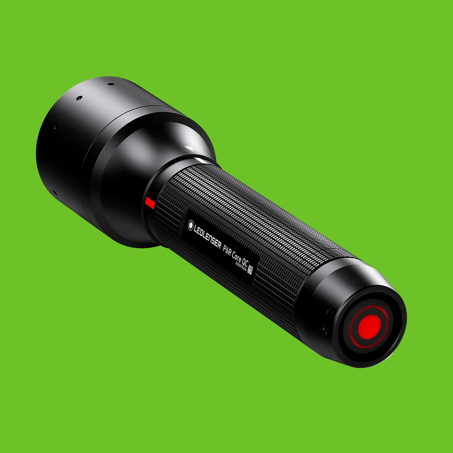 Black flashlight with red accents on a white background