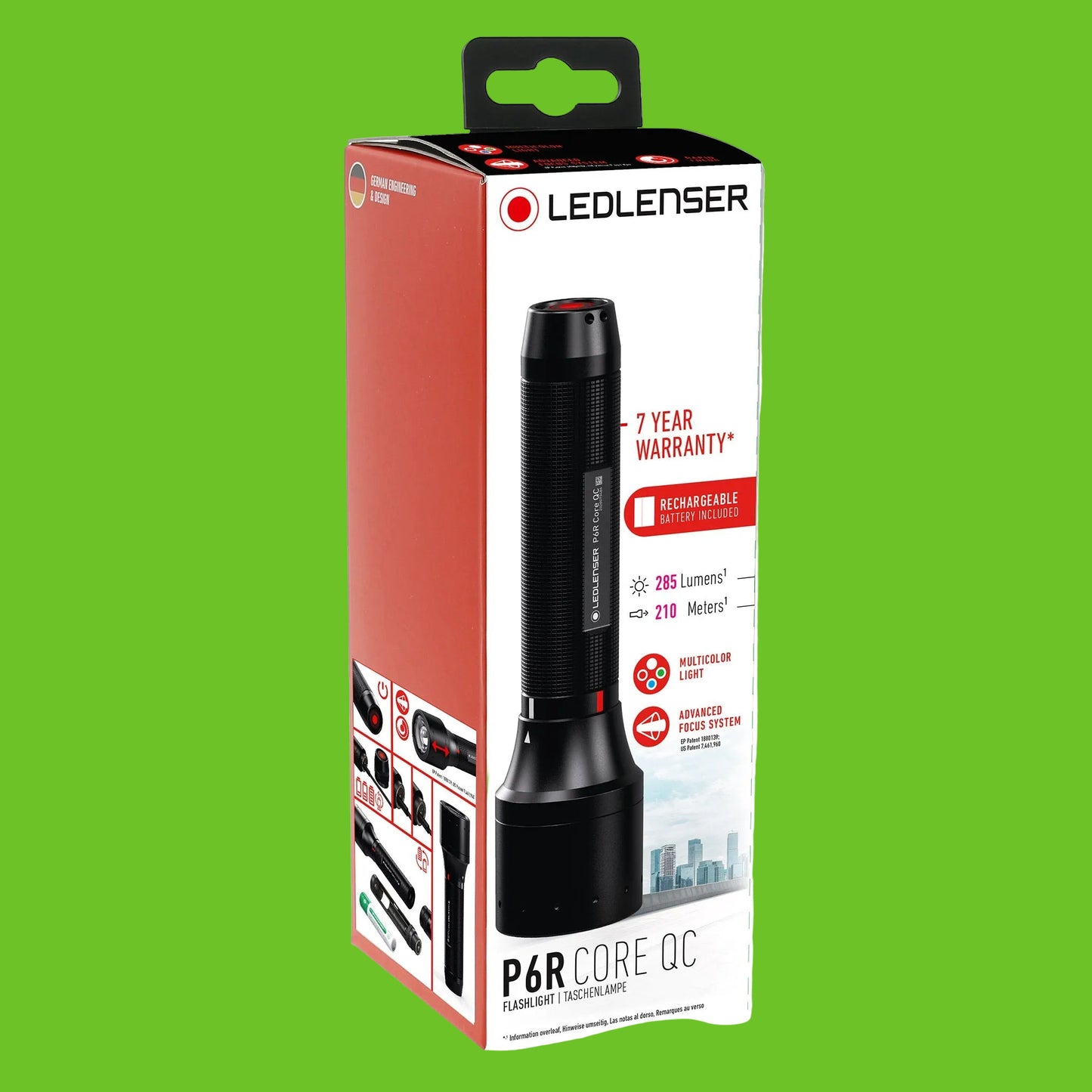 LEDLENSER flashlight packaging with product image and specifications on a white background