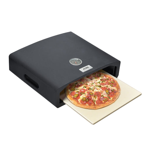 Black portable pizza oven with a pizza inside on a white background