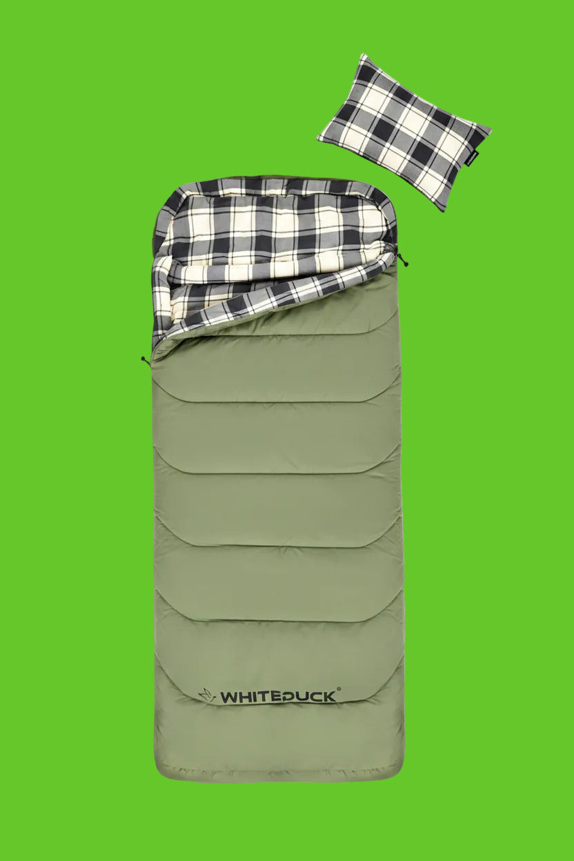 Green sleeping bag with plaid interior on a white background, featuring the brand 'WhiteDuck'.
