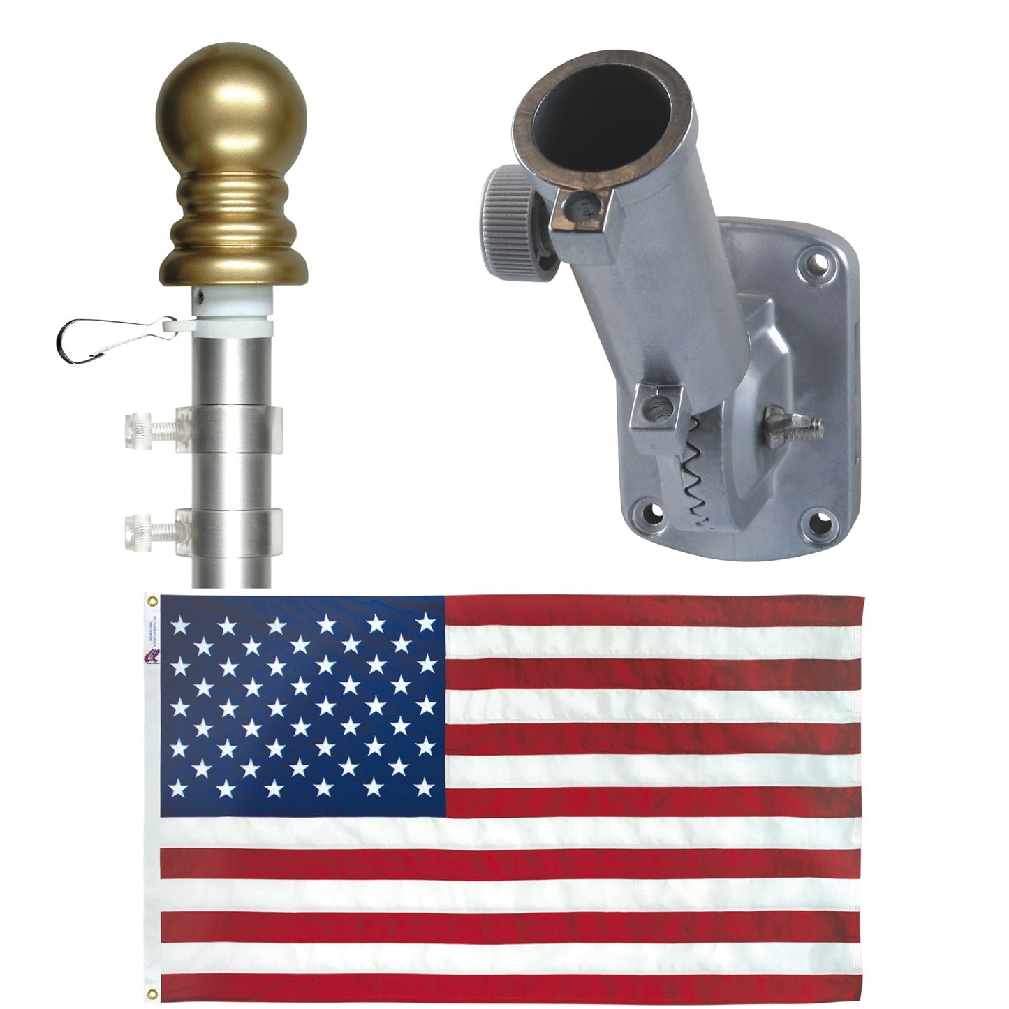 Flagpole bracket with American flag on a white background