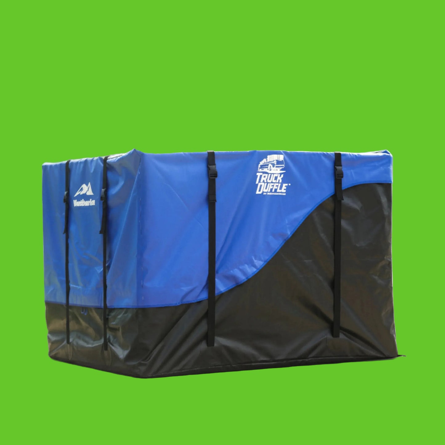 Blue and black duffel bag with 'Truck Duffle' branding on a white background