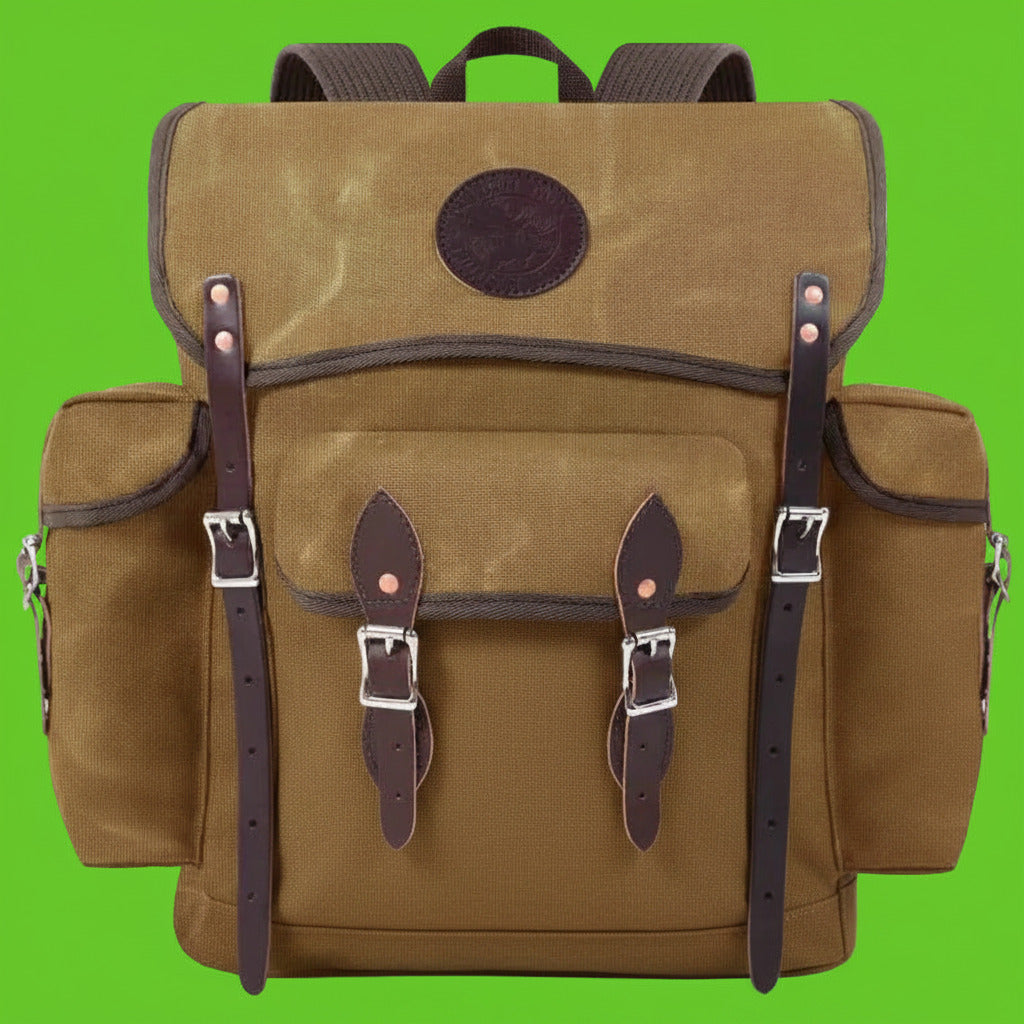 Brown backpack with leather straps on a white background
