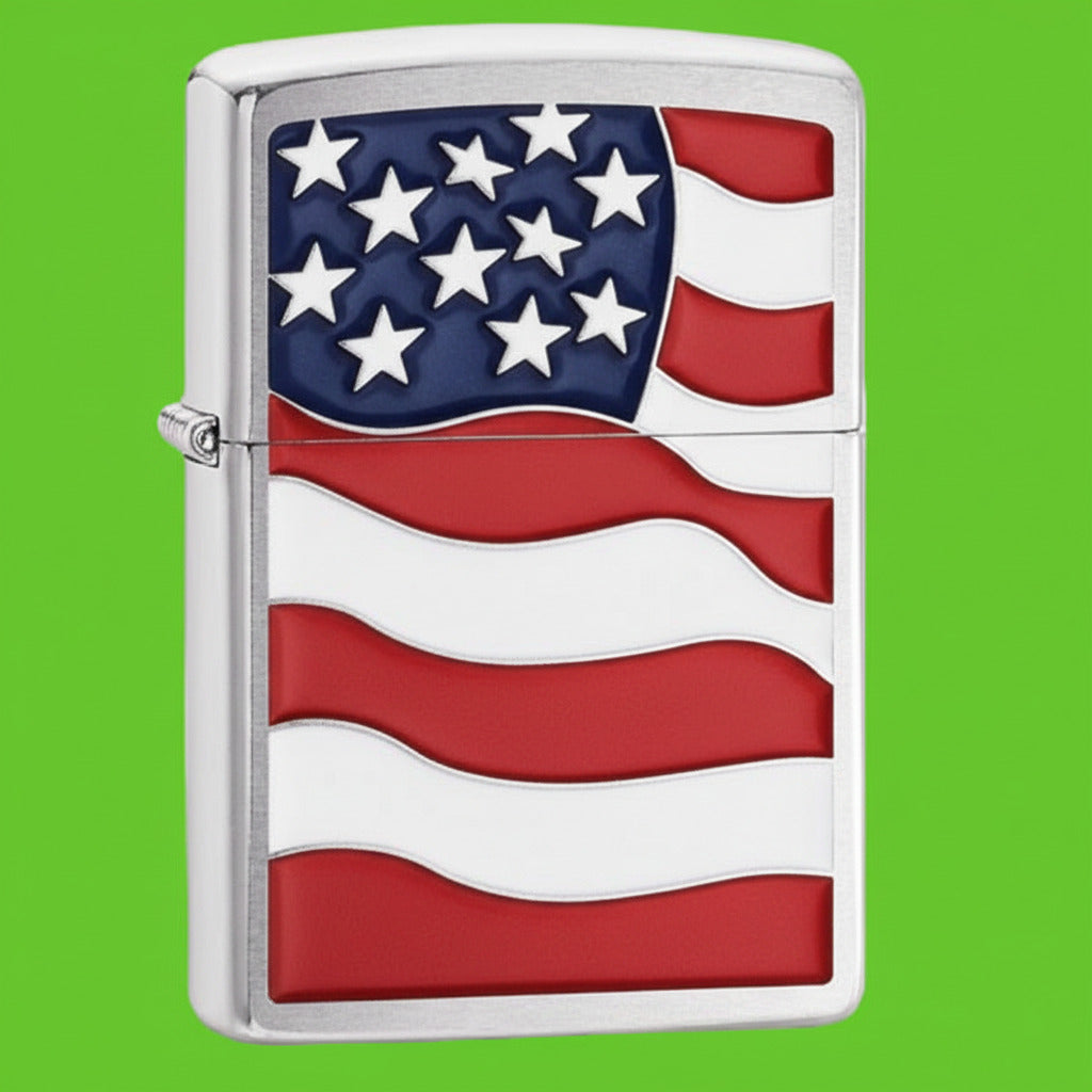 Zippo lighter with American flag design on a white background