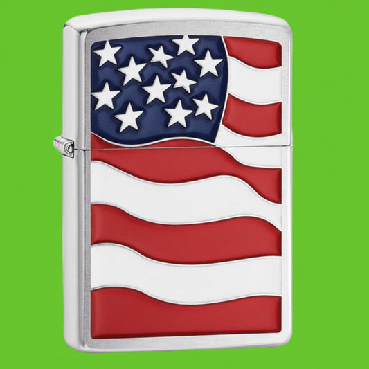 Zippo lighter with American flag design on a white background