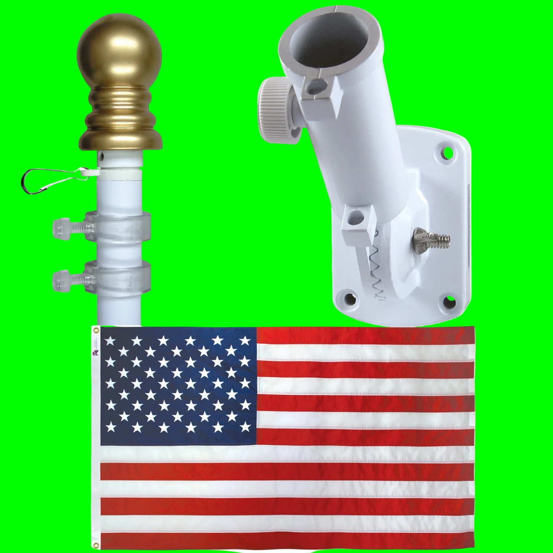 Flagpole bracket with American flag on a white background