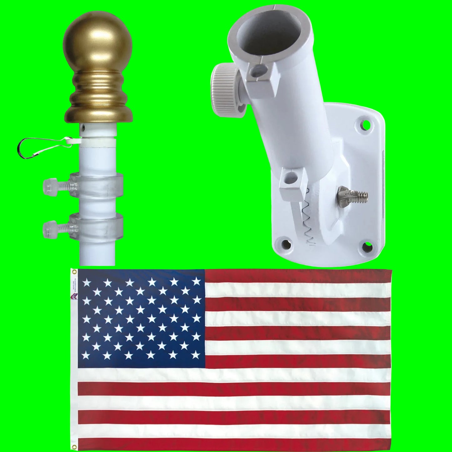 Flagpole bracket system with American flag on a white background