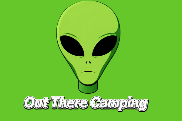 Green alien head with 'Out There Camping' text on a green background