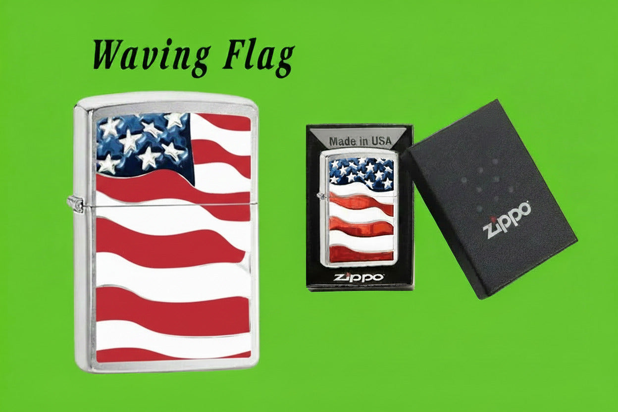 Zippo lighter with American flag design and packaging on a white background