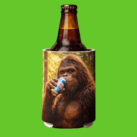 Beer bottle with a gorilla design on a wooden surface