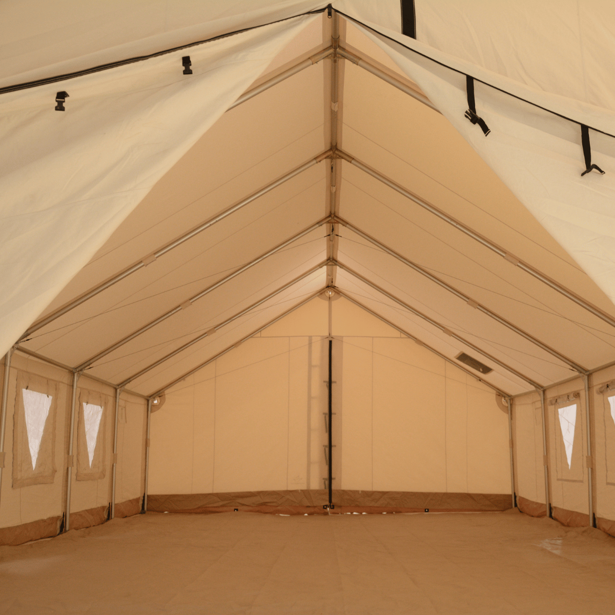 Beige tent interior with a flat roof