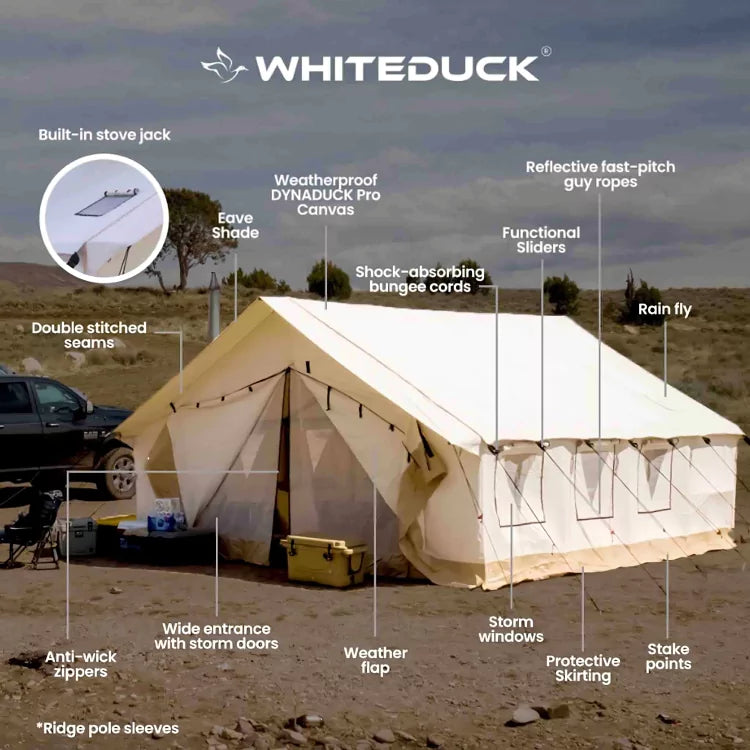 Whiteduck tent with features highlighted in a desert setting