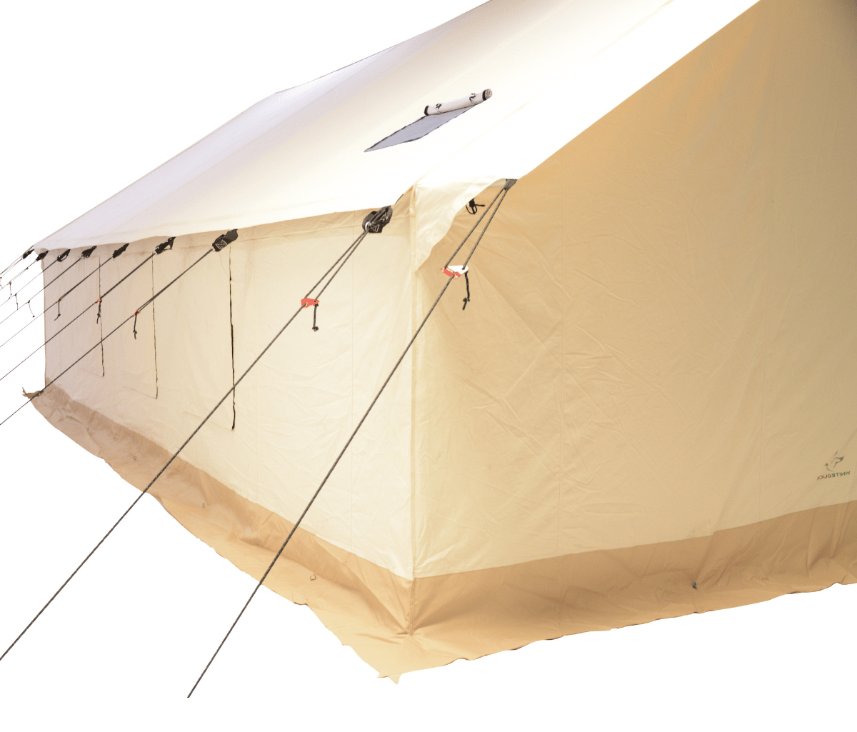 Beige camping tent with ropes on a white background