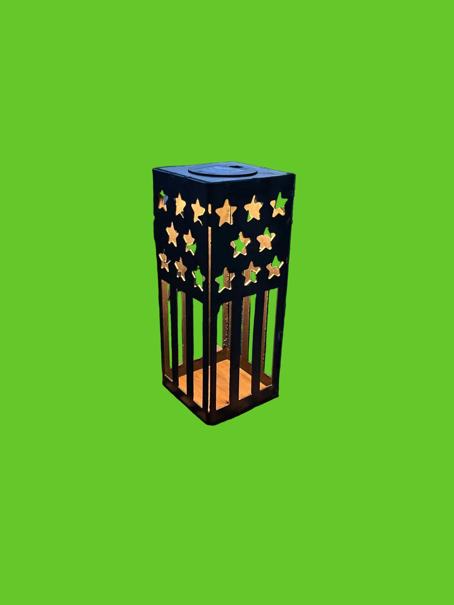Star-shaped lantern on a wooden surface with a scenic background