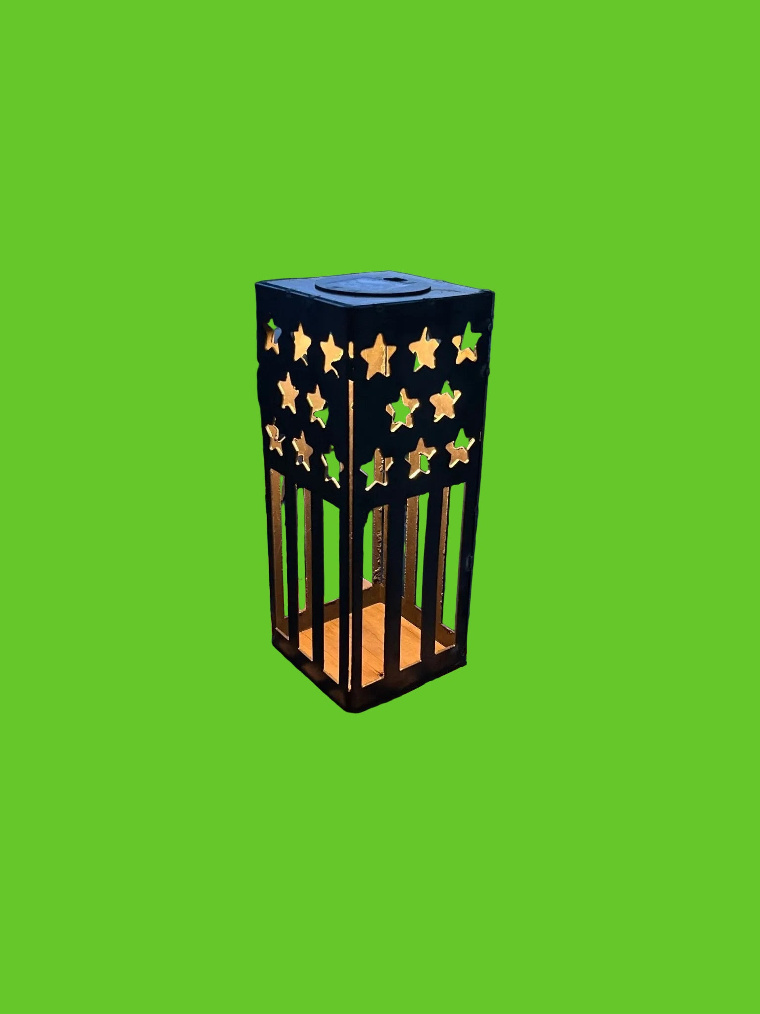 Star-shaped lantern on a wooden surface with a scenic background