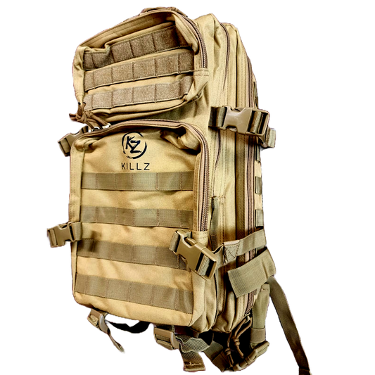 Tan tactical backpack with 'KILLZ' logo on a white background