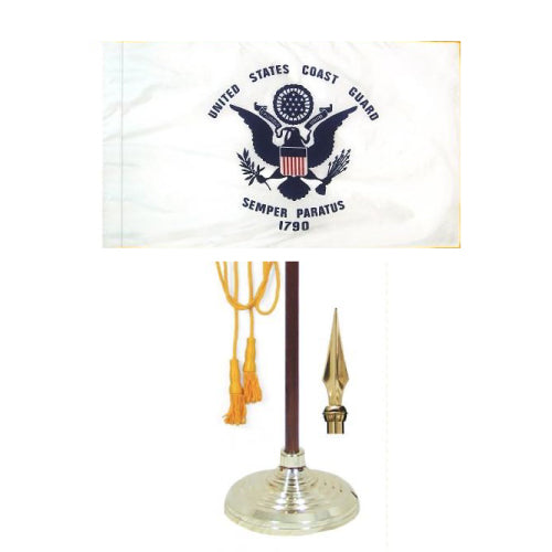 United States Coast Guard flag with pole and top finial on a white background