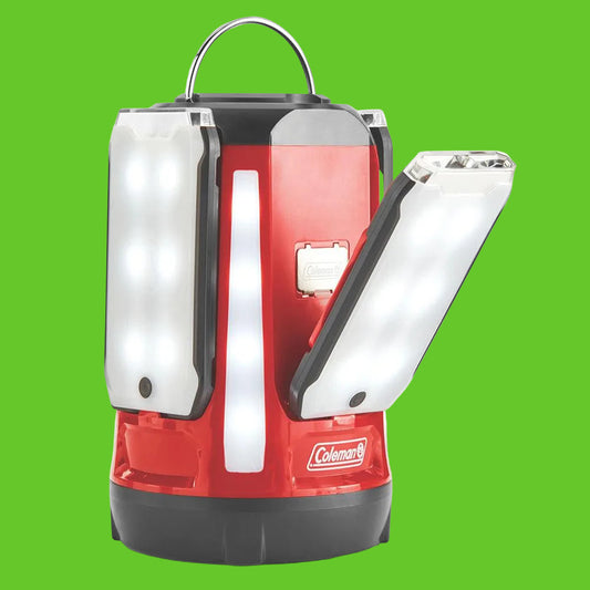 Red and black Coleman lantern on a white background