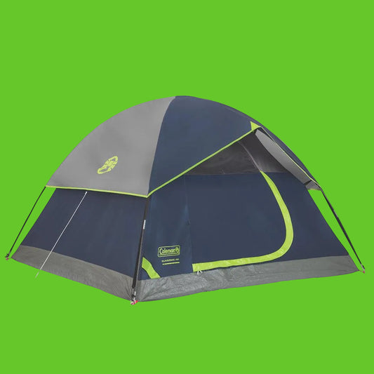Blue and gray Coleman tent with green accents on a white background