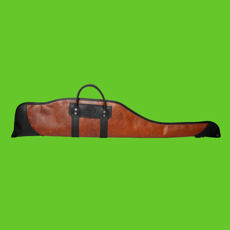 Brown and black guitar case on a white background