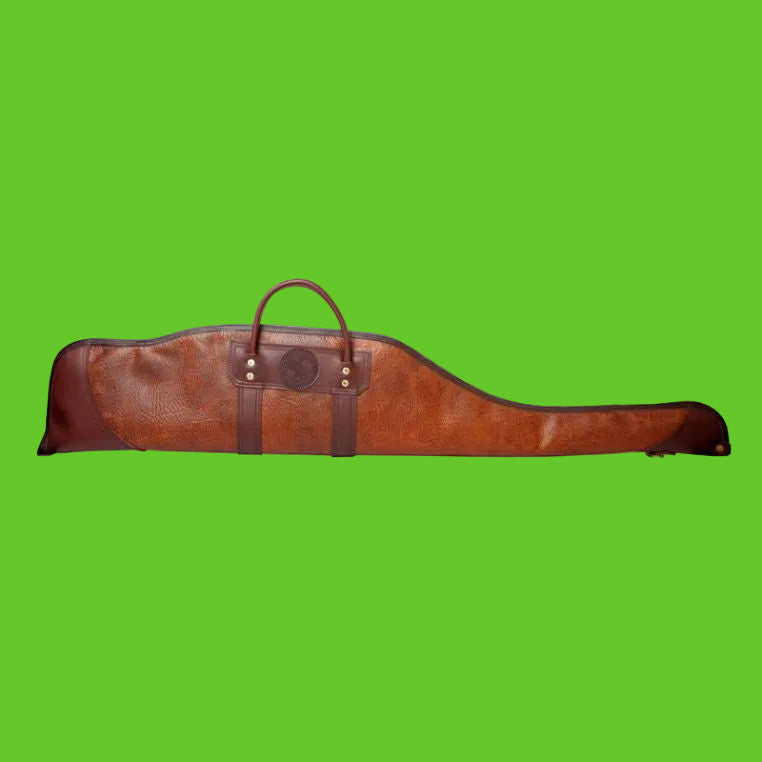 Brown leather guitar case on a white background