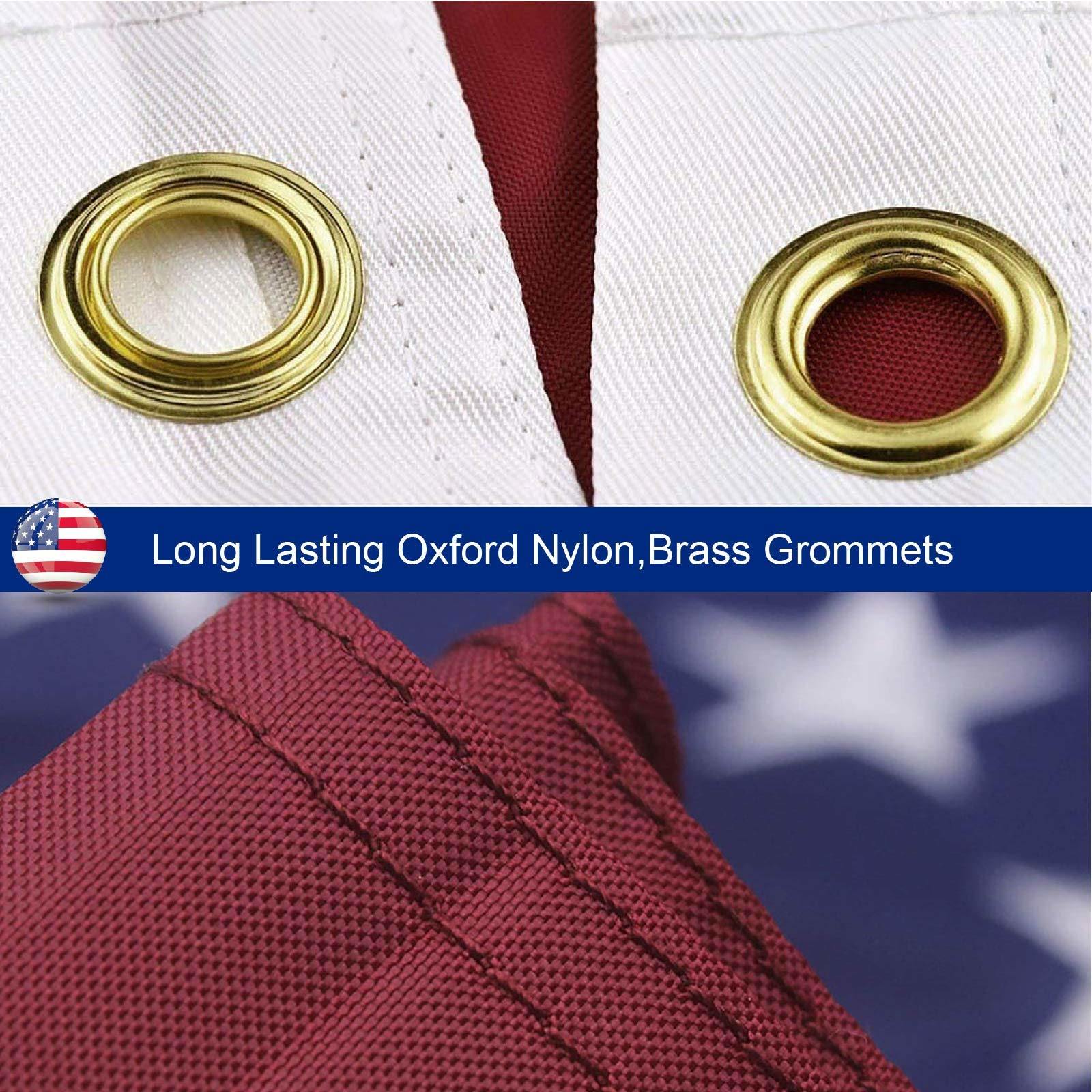 Gold grommets on a fabric background with text about long-lasting Oxford Nylon and brass grommets.