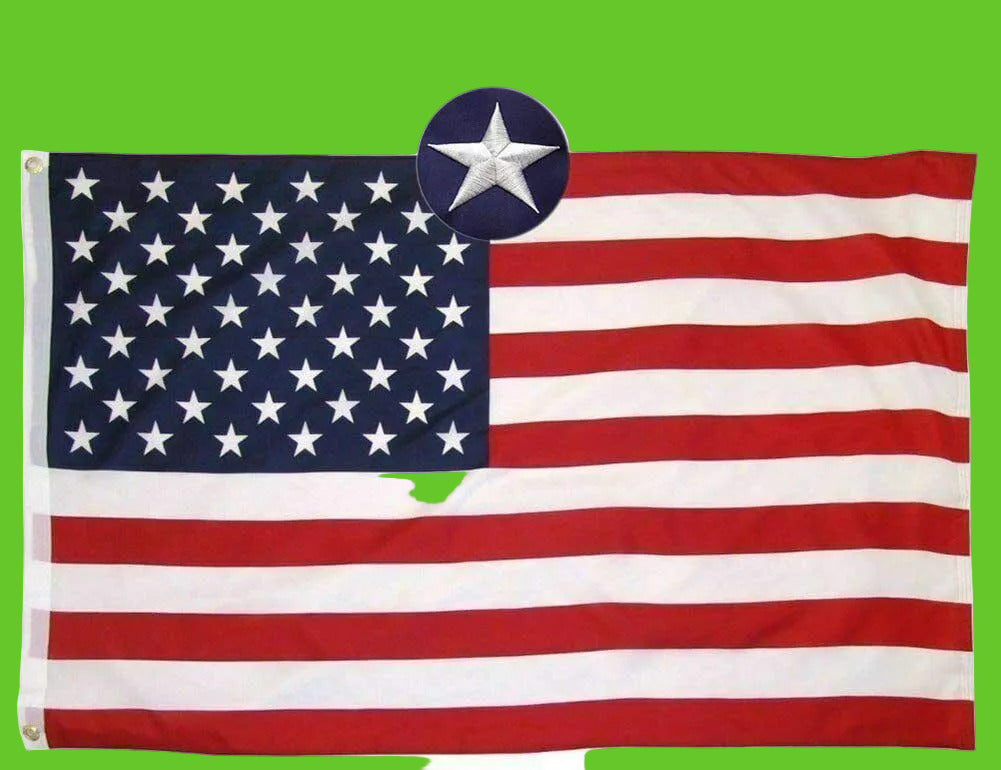 American flag with a blue circle containing a white star on a white background