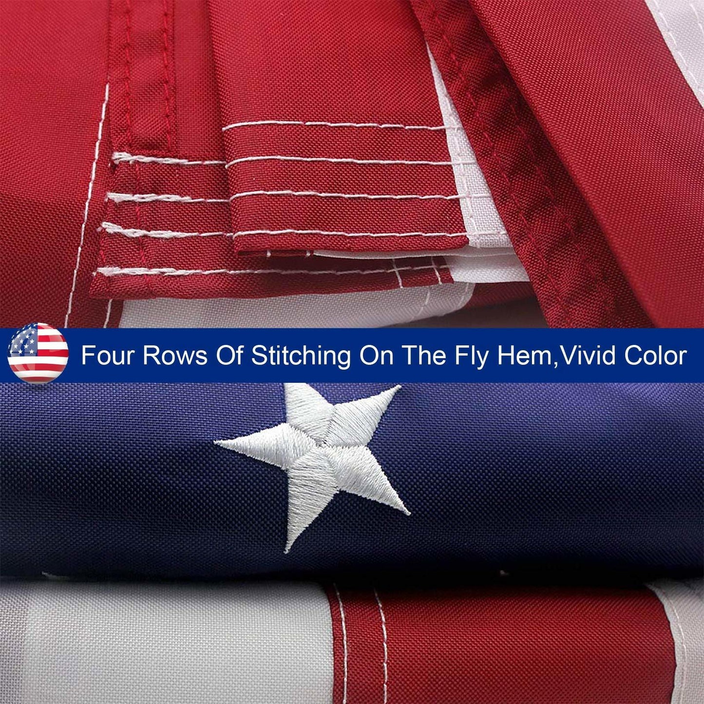Close-up of a flag with stitching details and an American flag icon.
