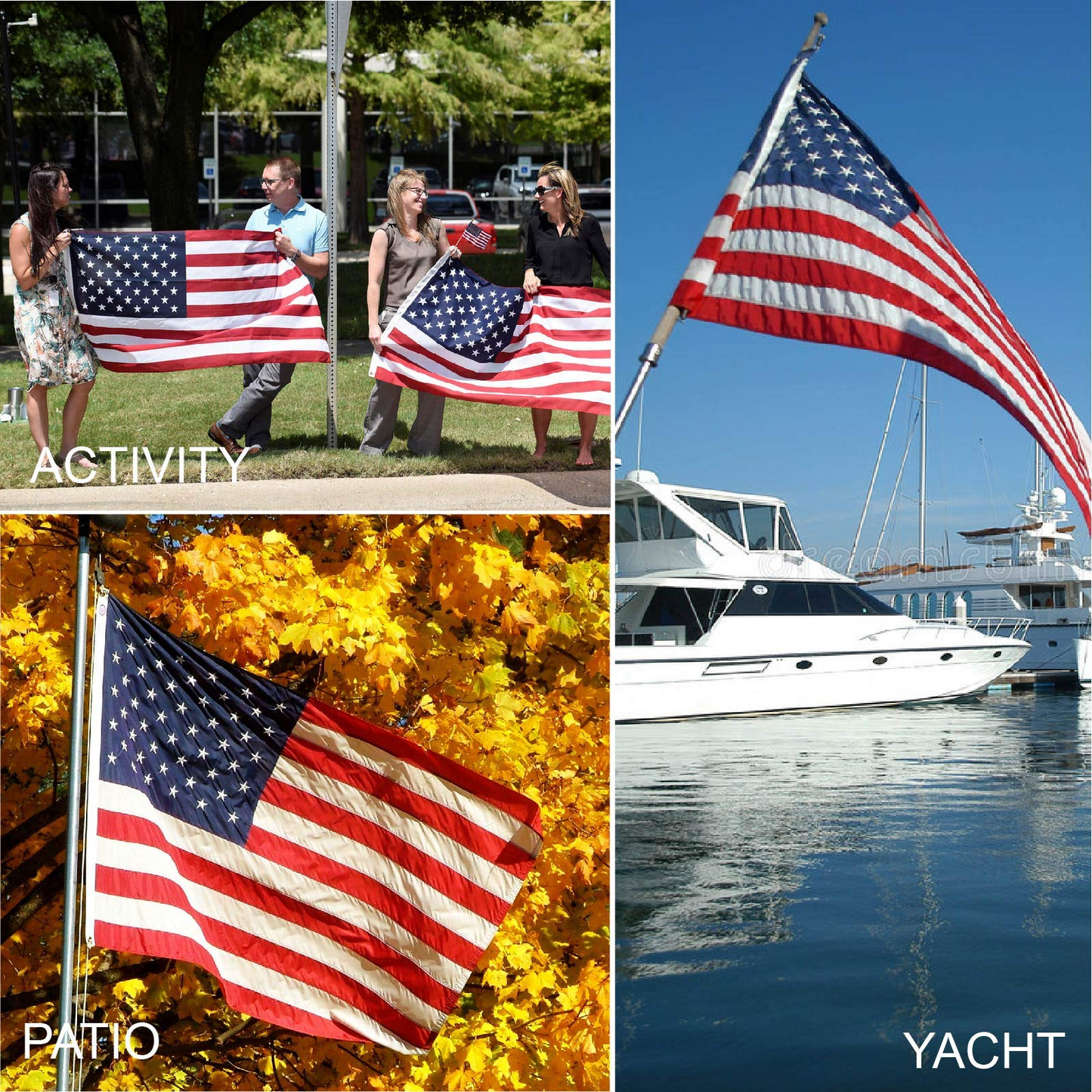Collage of people holding American flags, a boat with an American flag, and a flag on a patio.