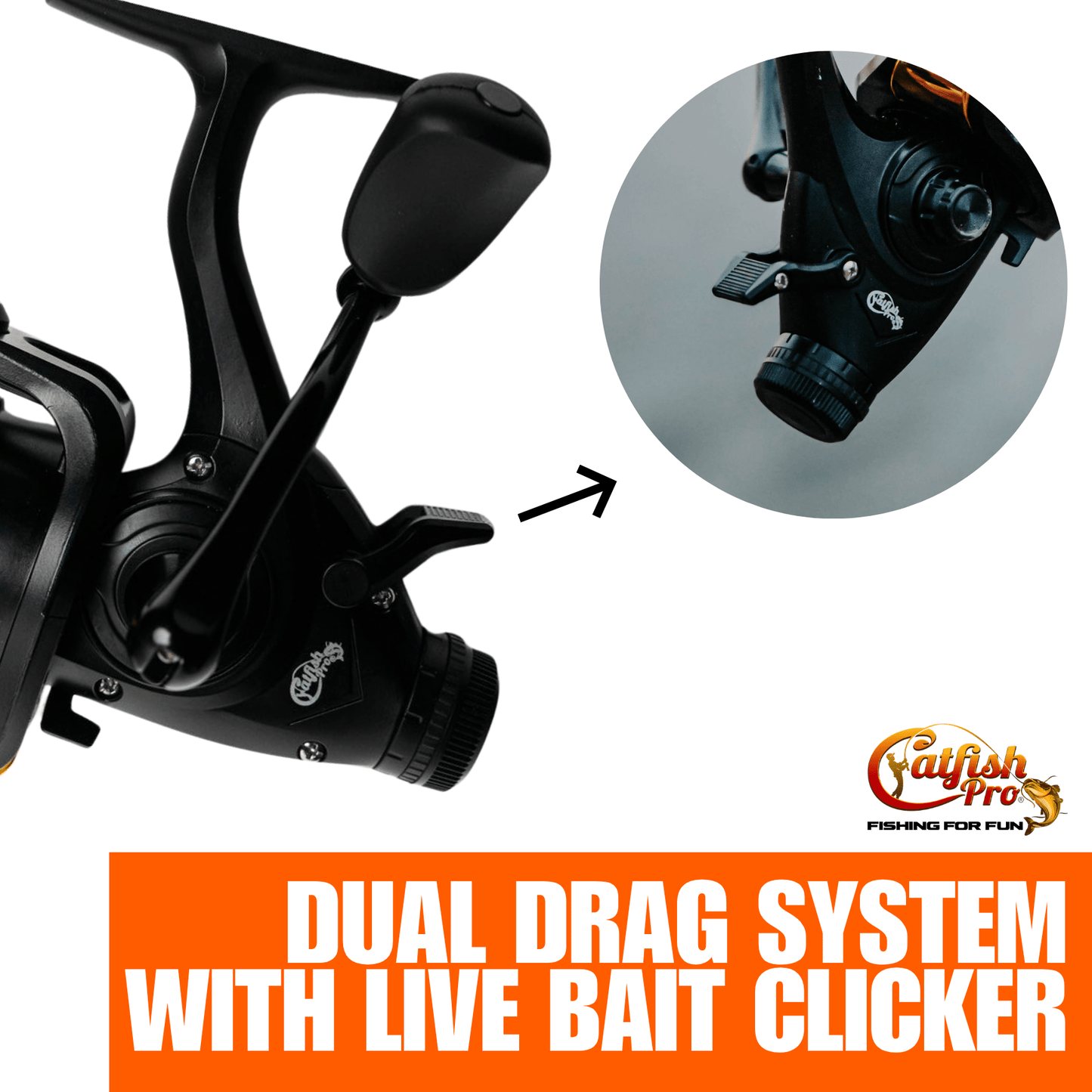 Fishing reel with dual drag system and live bait clicker feature, featuring Gulfish Pro branding.