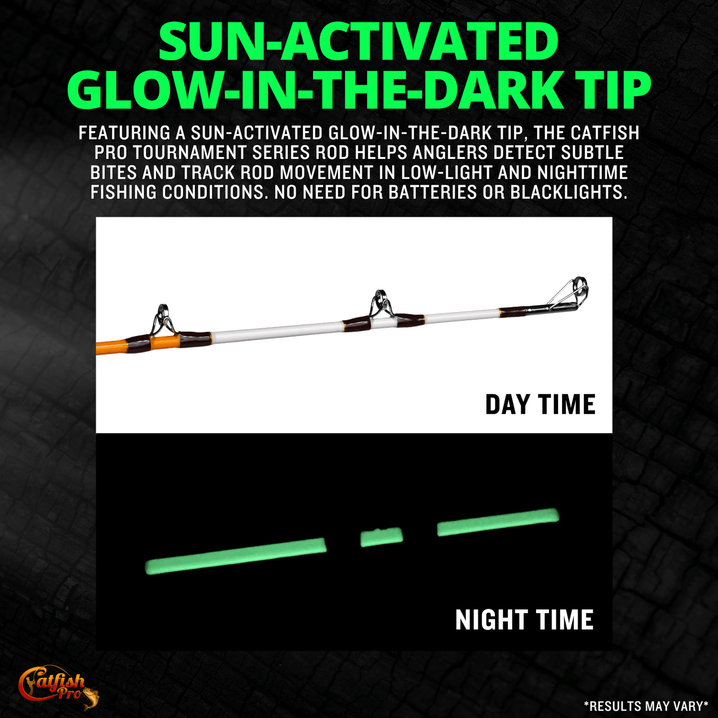 Fishing rod with sun-activated glow-in-the-dark tip on a black background