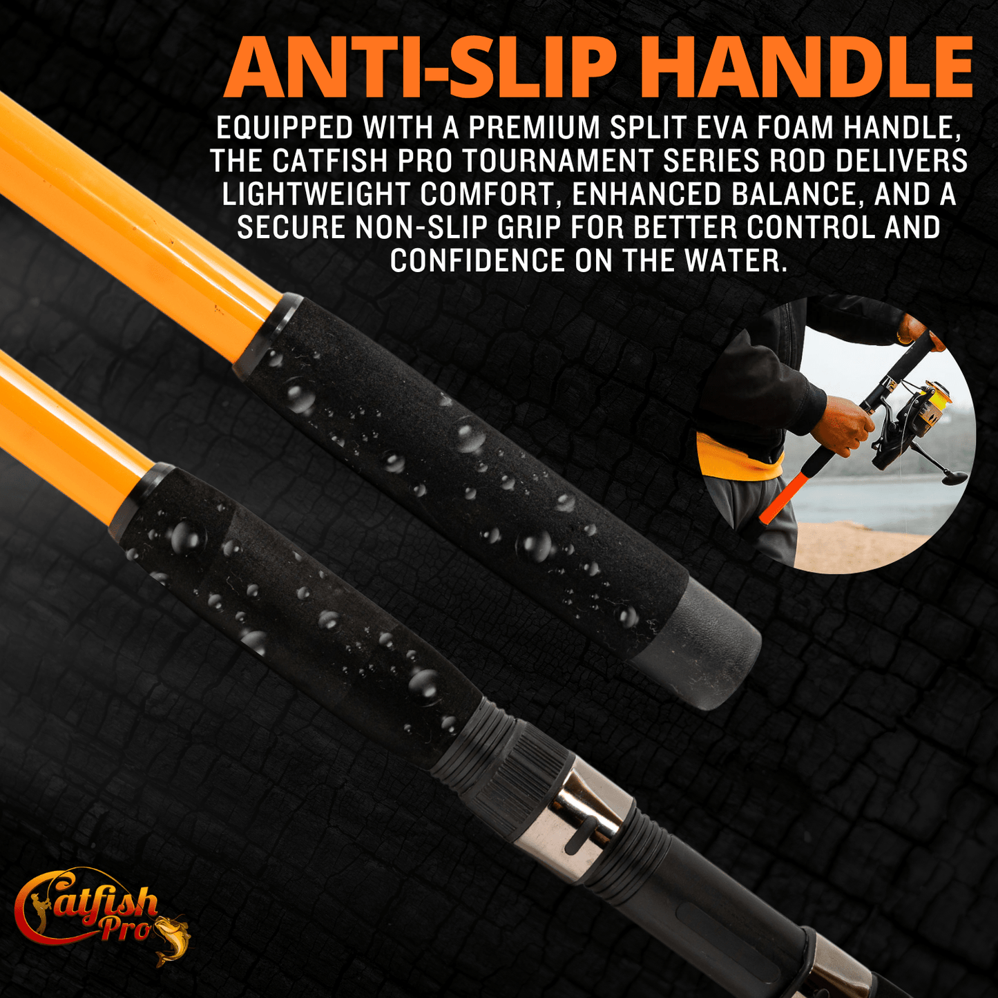 Catfish Pro fishing rod with anti-slip handle on a dark background