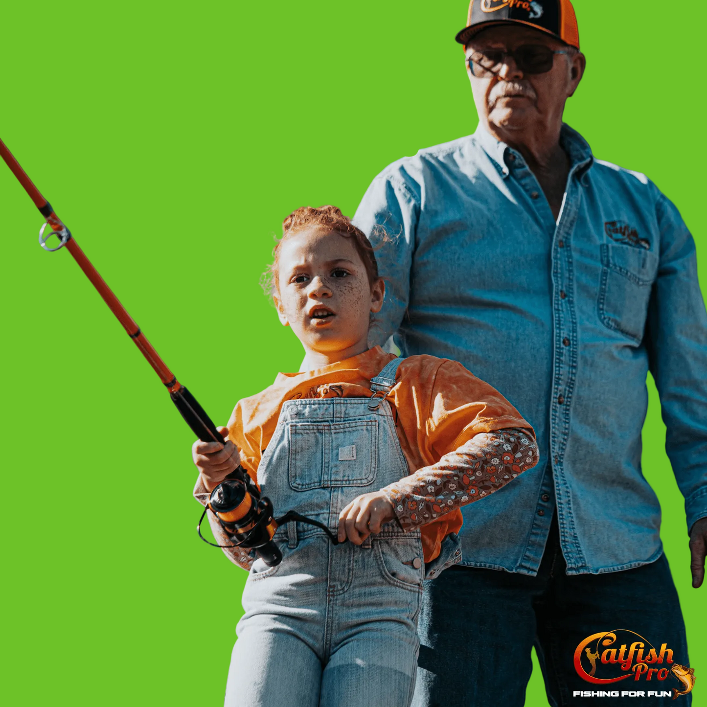 Man and child holding a fishing rod with text 'Perfect for all types of anglers' and 'Catfish Pro' logo.